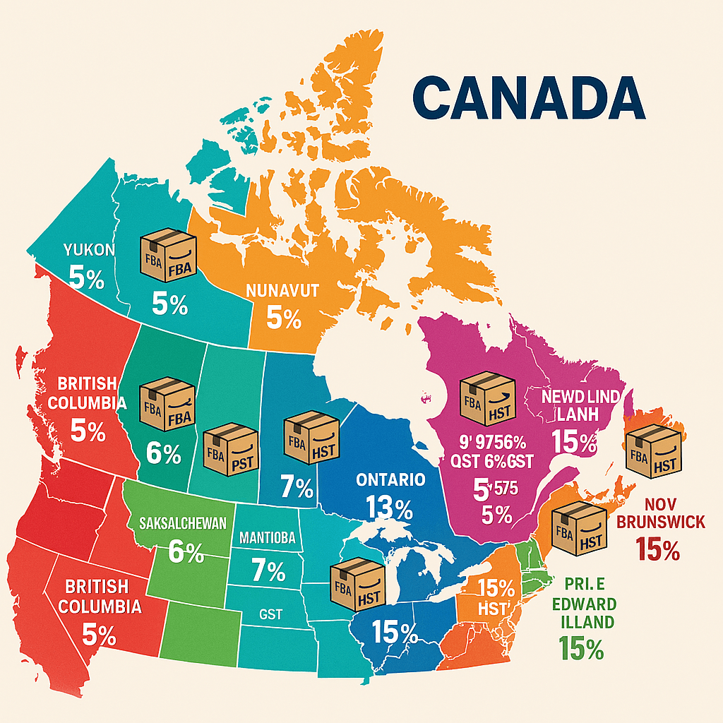 Map of Canada showing GST, HST, and PST rates by province for e-commerce sellers