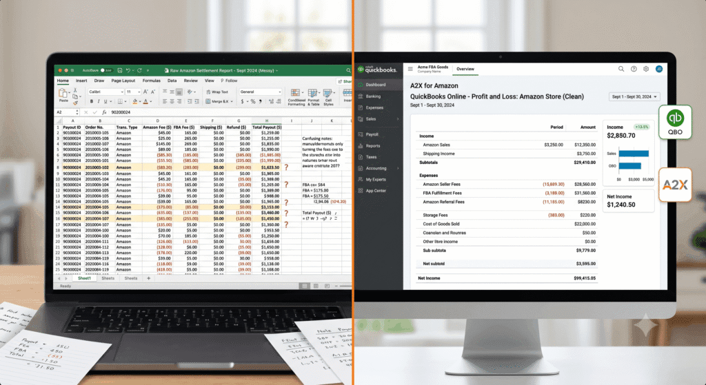 A2X amazon bookkeeping vs manual entry QuickBooks comparison