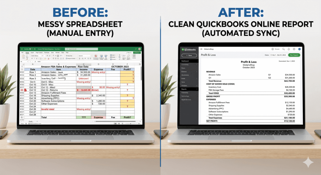 Amazon catch-up bookkeeping before and after QuickBooks clean records