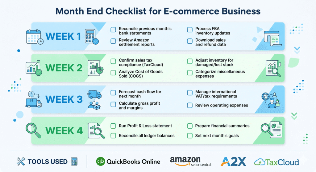 Amazon FBA bookkeeping checklist month-end tasks QuickBooks A2X TaxCloud