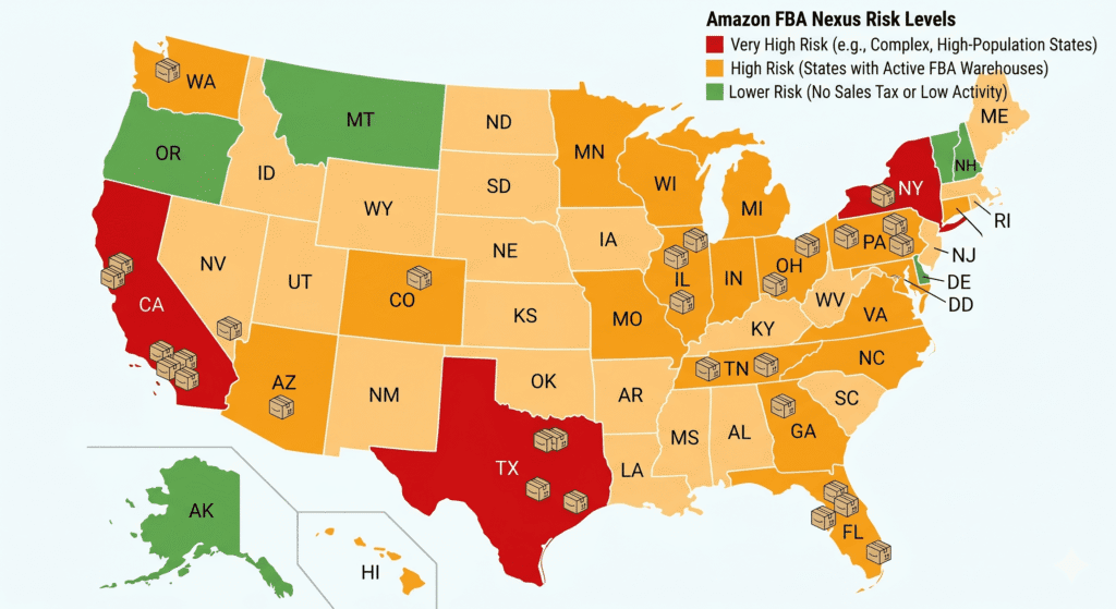 Amazon FBA sales tax nexus map United States state-by-state guide
