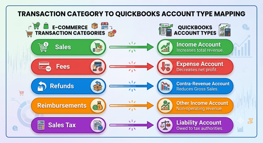 A2X chart of accounts mapping diagram showing transaction categories matched to QuickBooks account types
