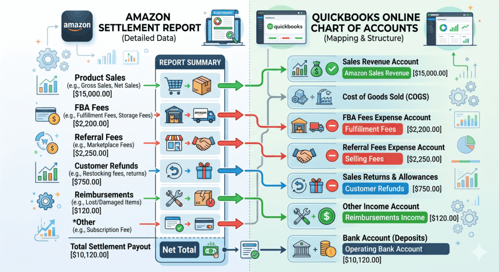 A2X setup for Amazon sellers showing settlement fees mapped to QuickBooks accounts