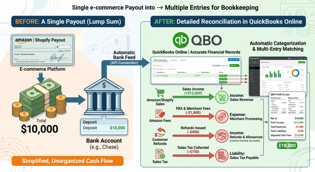 A2X tutorial diagram showing Amazon and Shopify payouts split into QuickBooks Online entries