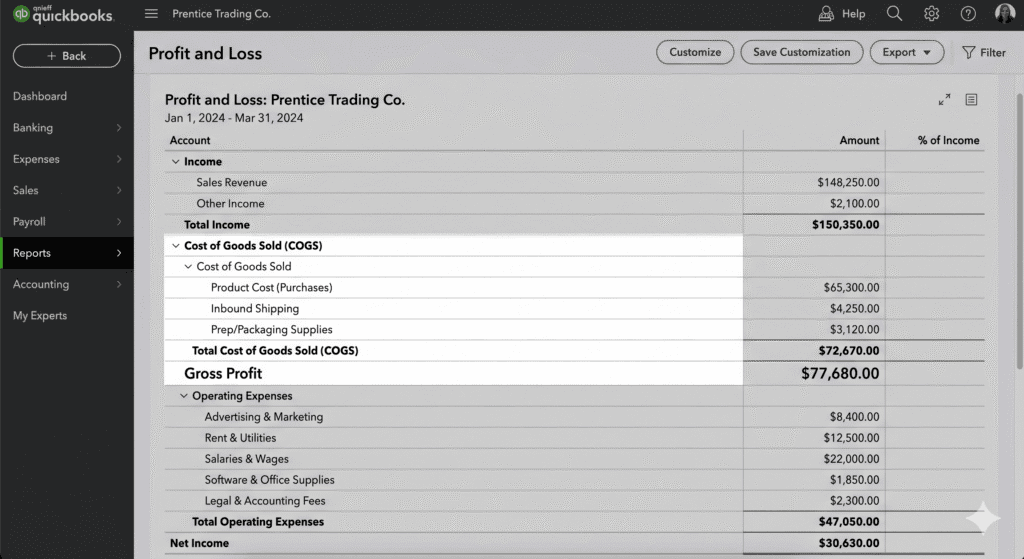 Amazon FBA cost of goods sold QuickBooks profit and loss report COGS breakdown