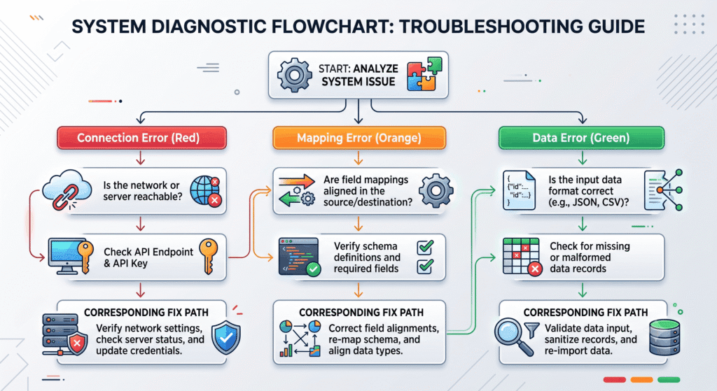 A2X sync error diagnostic chart showing connection, mapping, and data error fix paths